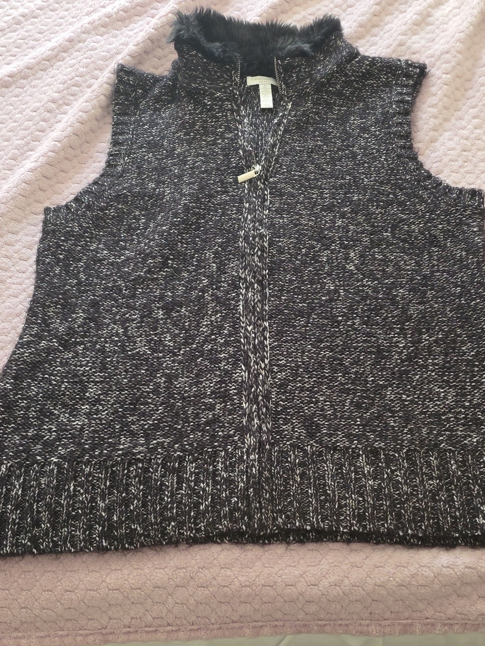 Charter Club Black and Gray Marled Sleeveless Knit Vest with Faux-Fur Collar